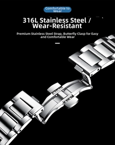 Macro detail of silver 316L stainless steel watch strap with secure butterfly buckle