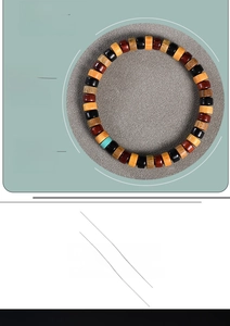 Detailed macro view of multi-colored wooden prayer beads with natural wood textures