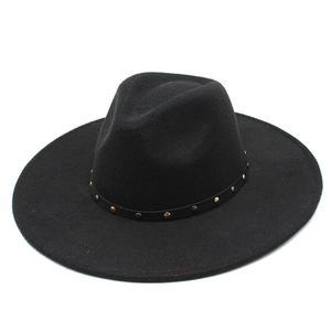 Classic black wool felt wide-brim fedora hat featuring heart-shaped crown and studded band