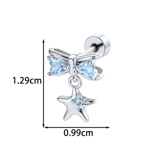 Starfish bow cartilage earring in silver finish with light blue gemstones, 1.29cm high
