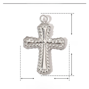 Technical detail of silver stainless steel cross pendant showing 14mm size and 0.5g weight
