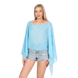 Light blue chiffon poncho shawl wrap and sun protection scarf for women in summer