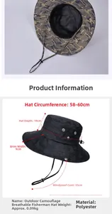 Guida alle taglie dettagliata e specifiche per il cappello da pescatore mimetico.