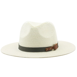 Classic wide brim straw fedora with green ribbon and leather strap for summer sun protection