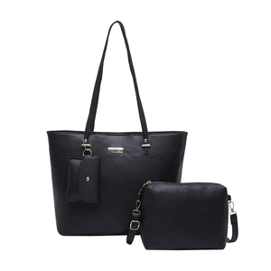 Three-piece black pebbled leather tote set with crossbody bag and gold hardware