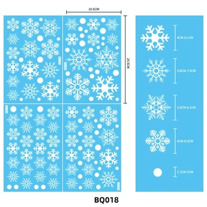 Size specifications for BQ018 white snowflake window decals on blue background sheets