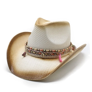 Straw cowboy hat with colorful tassels and gradient brim for summer beach vacations