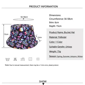 Reversible bucket hat with marine mushroom print and 56-58cm size specifications