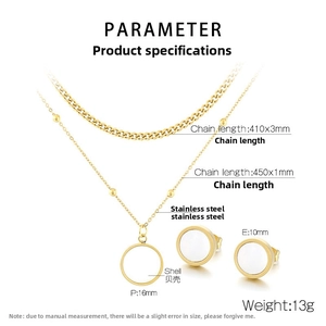 Detailed specs of stainless steel shell jewelry set with necklace and stud earrings