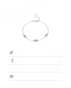 Detailed view of S925 sterling silver evil eye bracelet showing dimensions and blue stones