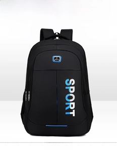 Front view of black Oxford backpack featuring sport prints and multi-layer zippers