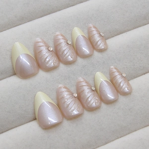 French style press-on nails with shell 3D relief texture and pearl finish