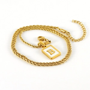 18K gold plated stainless steel rope chain with a square white letter B pendant