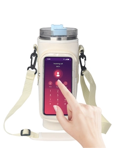 Close-up of beige water bottle sleeve with transparent touchscreen phone pocket functionality