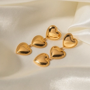 18K gold plated stainless steel triple heart drop earrings with beaded edge detail