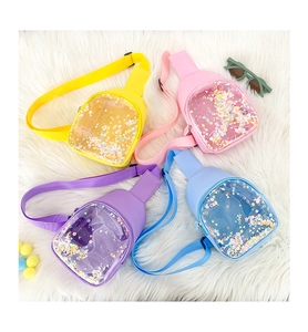 Group of four macaron colored PVC chest bags for kids with glitter window on fur surface