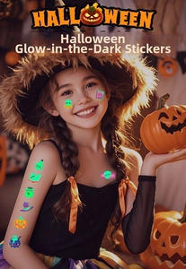 Glow-in-the-dark Halloween tattoos for kids featuring pumpkins and wizard hats on skin