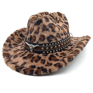 Leopard Print Faux Fur Western Cowboy Hat With Metal Bull Head Rivet Leather Band Wide Brim Retro Warm Unisex