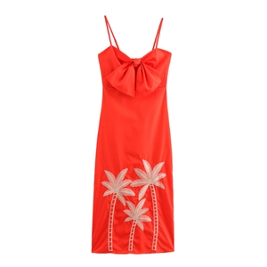 Red Polyester Camisole Maxi Dress With Large Bow And Coconut Tree Embroidery Vacation Style High Waist Back Slit For Women