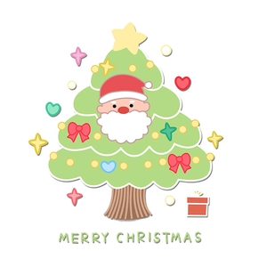 Cartoon Christmas tree static window sticker with Santa Claus and Merry Christmas text