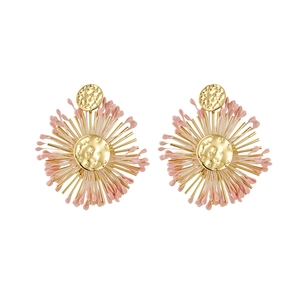 Elegant pink raffia flower earrings with golden texture center and silver needles.