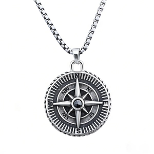 Vintage silver pirate viking compass pendant necklace in punk stainless steel design