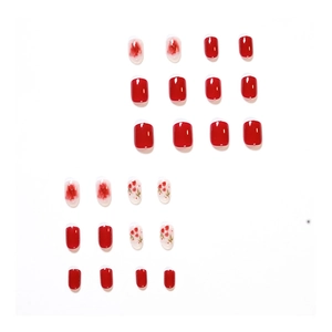 Faux ongles rouge aubépine avec motifs floraux et dégradés, kit de 24 pièces élégantes