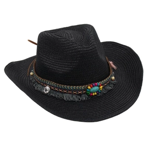 Close-up of black western cowboy straw hat with ethnic beaded band and turquoise