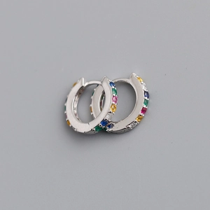 Detailed close-up of S925 sterling silver hoop earrings with colorful micro-set zircons