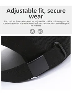 Detail of adjustable metal buckle and black twill fabric on men's baseball cap