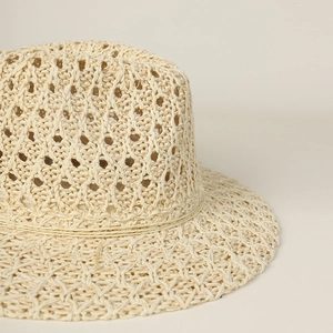 Boho hollow straw jazz hat for women in light beige featuring breathable crochet weaving