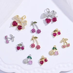 Cherry Fruit Pendant Bowknot Charms Brass Inlaid Colorful Zircon Jewelry Finding DIY Necklace Bracelet For Women