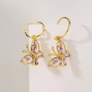Elegant 18K gold plated copper butterfly earrings with purple zircon stones