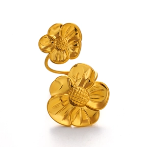 Chunky 18K gold plated stainless steel open ring featuring dual sunflower design for women