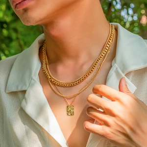 Layered Necklace With Square Hammered Pendant Copper Iron Alloy Hip Hop Trendy Punk Jewelry For Men Women