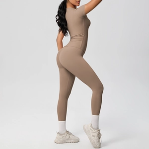 Side view of coffee brown seamless high-stretch yoga set with form-fitting texture