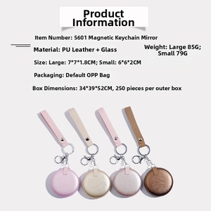 Detail view of mini PU leather folding makeup mirrors with magnetic closure and keychain