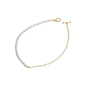 Modern gold paperclip chain and white baroque pearl necklace with an OT toggle clasp