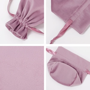 Detailed four-view of a purple velvet drawstring pouch showing texture and round base