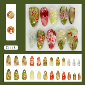 Textured floral press-on nails with 3D ripples and pearls in long almond shape