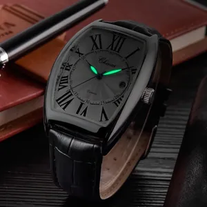 Orologio al quarzo tonneau da uomo con cinturino in pelle e lancette luminose