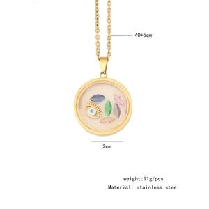 Detailed view of evil eye necklace with gold stainless steel chain and dimensions