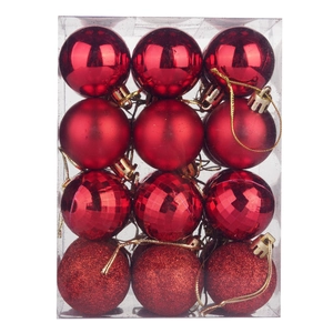 24-piece set of 4cm red Christmas balls with assorted finishes in a clear display box