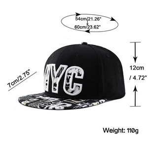 Detailed size chart for NYC flat brim baseball cap showing 54-60cm circumference