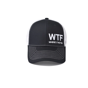 Detailed front view of WTF printed trucker hat with breathable white mesh and stitching
