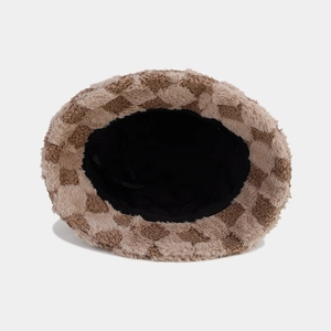 Winter checkered plush bucket hat featuring a brown and tan faux fur pattern for warmth