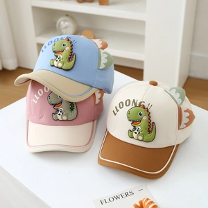 Kids cartoon baseball hat with dinosaur patch and 3D fin details in various colors
