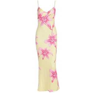 Floral satin maxi slip dress with pink lilies, V-neck, and slim fit for summer style