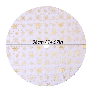 Detail of 38cm white plush Christmas tree skirt with golden snowflake sequins