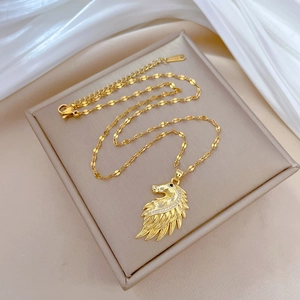 Elegant gold titanium steel necklace with a winged horse pendant and sparkling crystals